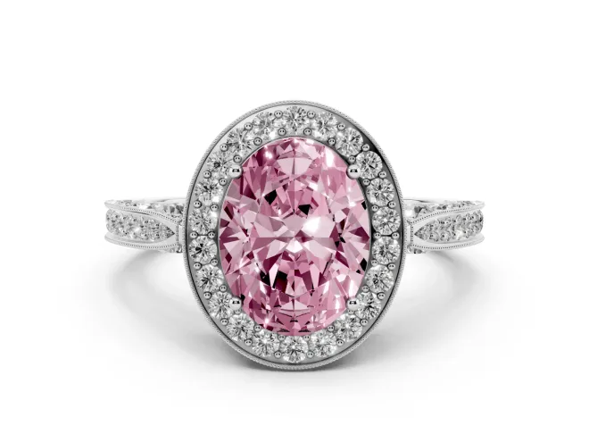 Fancy Pink Oval Cut Diamond Halo Engagement Ring Set in White gold with Accent Split Shank Band