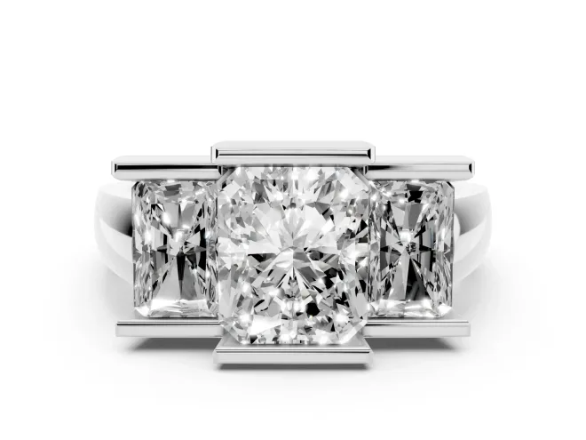 Radiant Cut Diamond Three-Stone Channel Set Ring Set in White gold with Smooth Polished Band