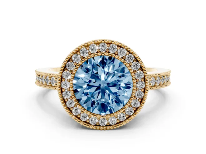 Round Milgrain Halo Engagement Ring Setting for a Fancy Blue Lab-Grown Diamond | Pavé Band | Yellow Gold