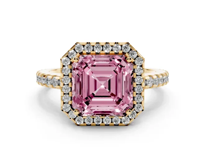 Fancy Pink Asscher Cut Diamond Halo Ring Set in Yellow gold with Pavé Shoulders and Halo-Framed Center
