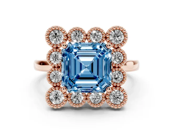 Asscher Cut Milgrain Cluster Halo Engagement Ring Setting for a Fancy Blue Lab-Grown Diamond | Plain Band | Rose Gold