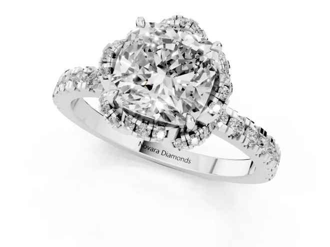 Cushion Cut Diamond Halo Pavé Band Ring Set in Platinum with Prong-Held Center – second view