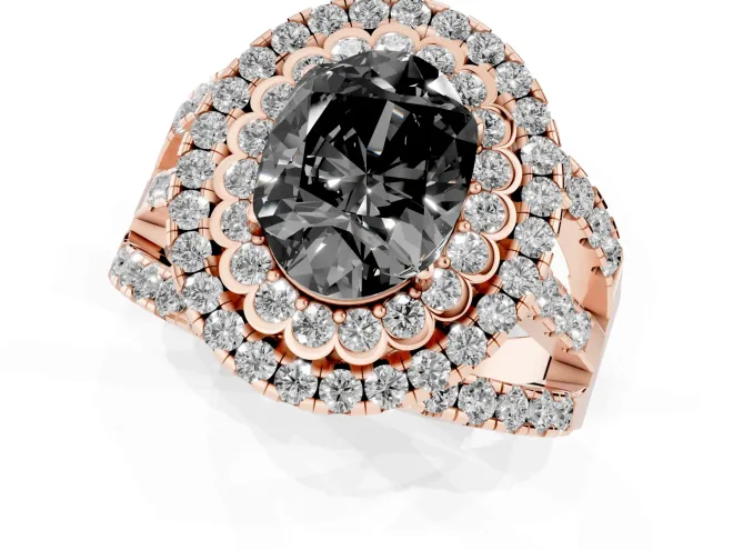 Fancy Black Oval Cut Diamond Double Halo Ring Set in Rose gold with Round Pavé Split Shank – second view