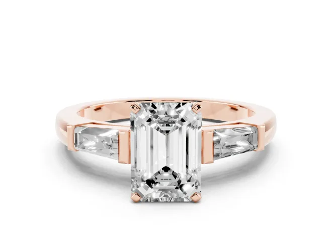 Emerald Cut Three Stone Engagement Ring Setting | Tapered Baguettes | Rose Gold