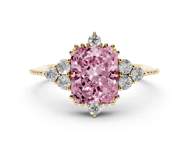 Radiant Cut Cluster Engagement Ring Setting for a Fancy Pink Lab-Grown Diamond | Yellow Gold