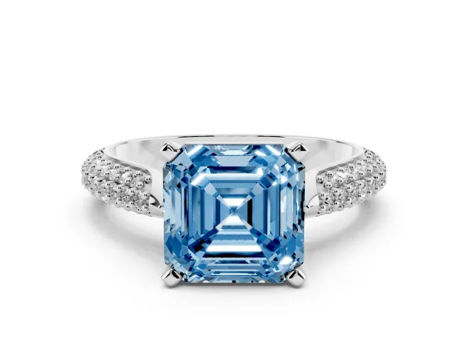 Asscher Cut Pavé Engagement Ring Setting for a Fancy Blue Lab-Grown Diamond | Multi-Row Shoulders | Sterling Silver