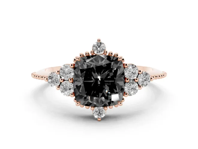 Cushion Cut Vintage Cluster Engagement Ring Setting for a Black Center | Beaded Edges | Rose Gold
