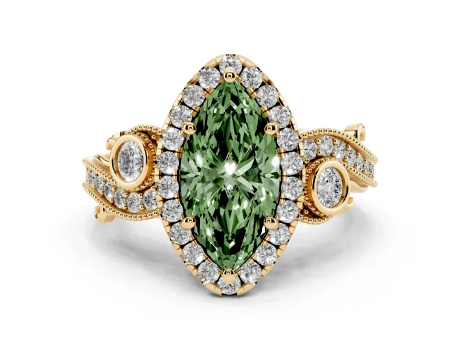 Marquise Vintage Halo Engagement Ring Setting for a Fancy Green Lab-Grown Diamond | Bezel Shoulder Accents | Yellow Gold