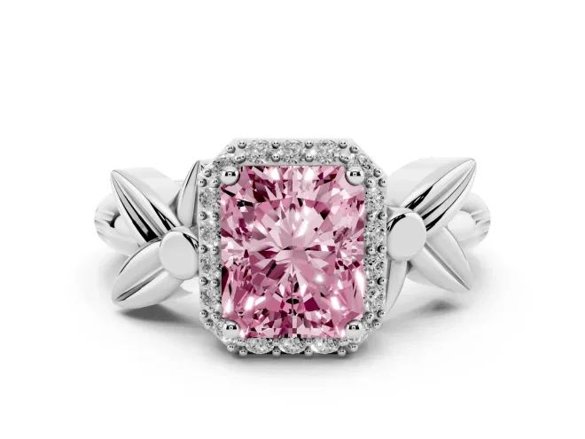Radiant Cut Floral Halo Engagement Ring Setting for a Fancy Pink Lab-Grown Diamond | White Gold