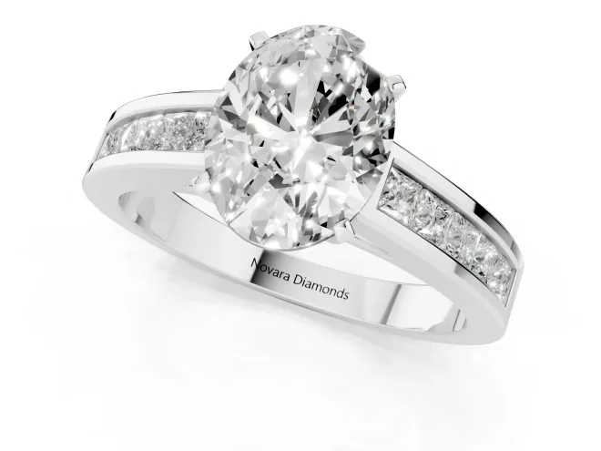 Oval Cut Diamond Solitaire Ring Set in Silver with Channel-Set Band and Prong Setting – second view