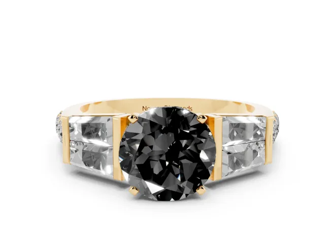 Round Channel Set Baguette Engagement Ring Setting for a Black Center | Yellow Gold