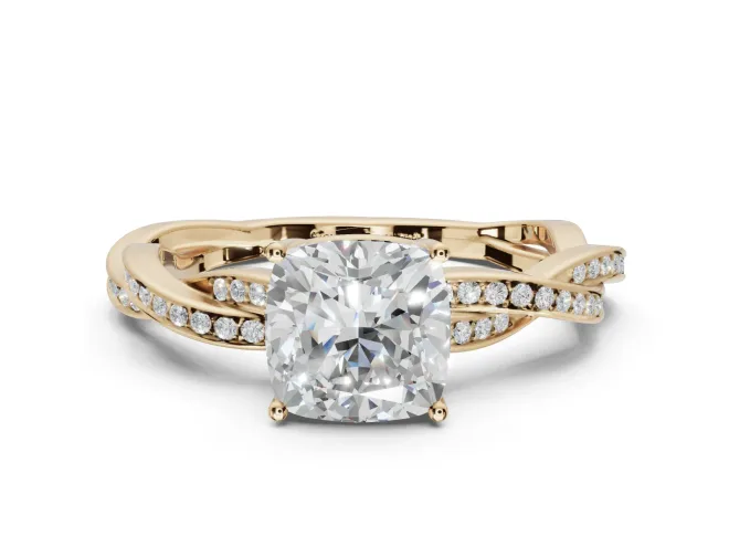 Cushion Cut Twisted Pavé Solitaire Engagement Ring Setting | Open Basket | Yellow Gold
