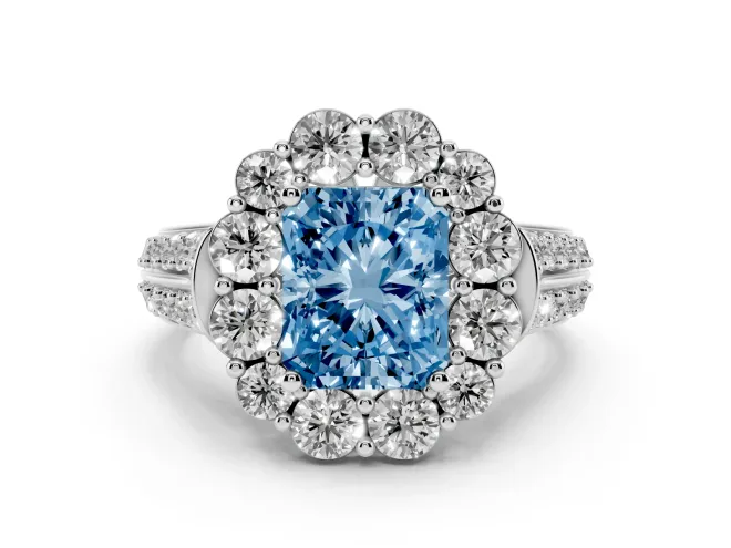 Radiant Cut Large Accent Halo Engagement Ring Setting for a Fancy Blue Lab-Grown Diamond | Graduated Pavé | White Gold
