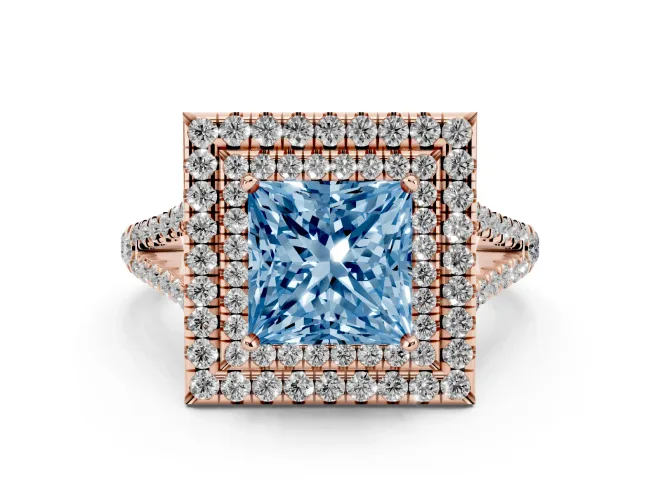 Fancy Blue Princess Cut Diamond Double Halo Ring Set in Rose gold with Pavé Band