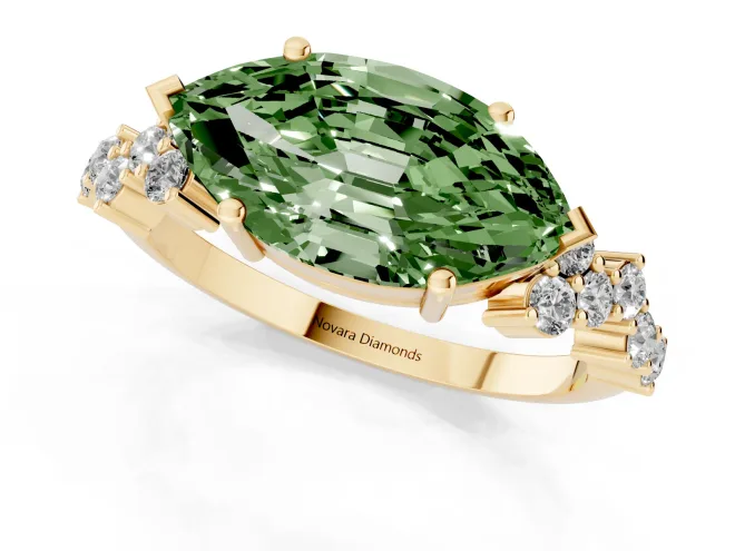 Fancy Green Marquise Cut Diamond Ring Set in Yellow gold with Scattered Round Accents – second view