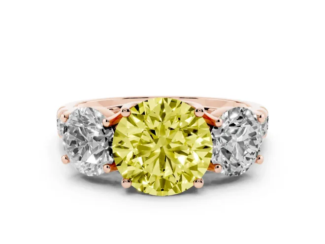 Fancy Yellow Round Cut Diamond Three-Stone Ring Set in Rose gold with Pavé Band