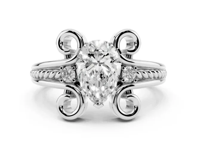 Pear Cut Diamond Twisted Band Solitaire Ring Set in White gold with Scroll Prongs