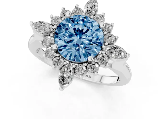 Fancy Blue Round Cut Diamond Cluster Halo Ring Set in Platinum with Marquise and Round Accents – second view