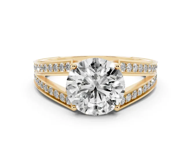 Round Split Shank Pavé Engagement Ring Setting | Engraved Leaf Sides | Yellow Gold