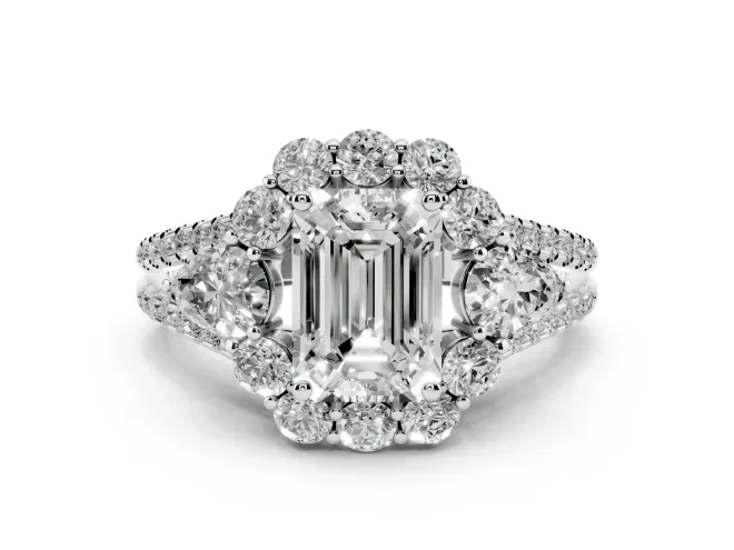Emerald Cut Scalloped Halo Engagement Ring Setting | Pear Side Stones | Platinum