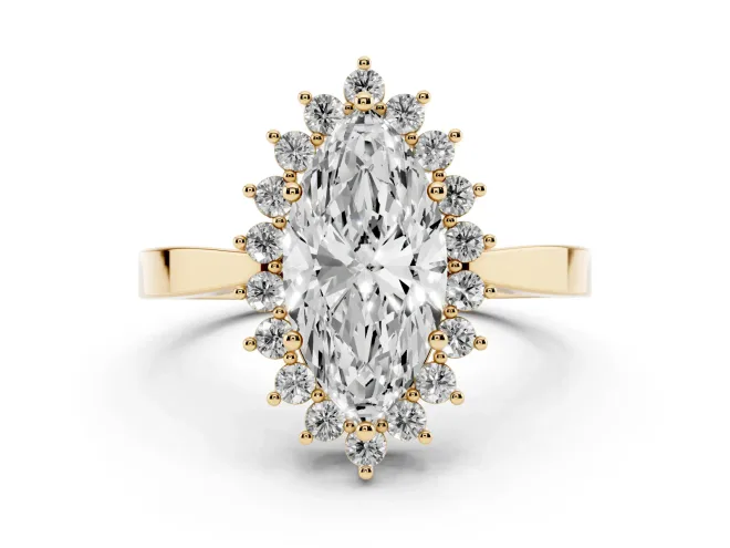 Marquise Cut Diamond Halo Ring Set in Yellow gold with Round Halo and Smooth Solitaire Band
