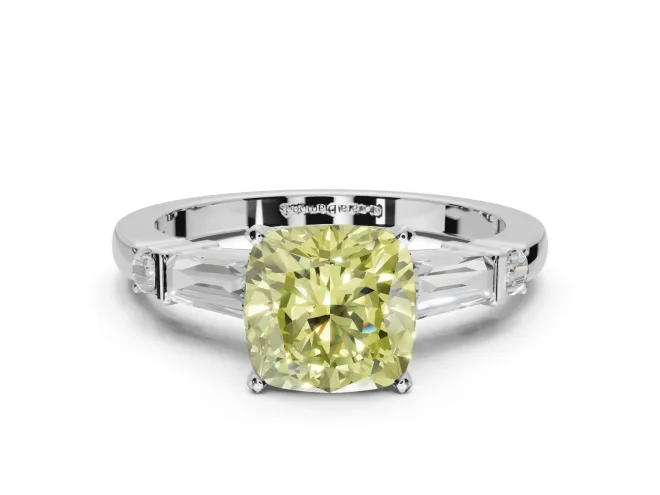 Cushion Cut Tapered Baguette Engagement Ring Setting for a Fancy Yellow Lab-Grown Diamond | Bar Set Sides | White Gold