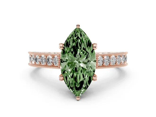Marquise Hidden Halo Engagement Ring Setting for a Fancy Green Lab-Grown Diamond | Milgrain Pavé | Rose Gold