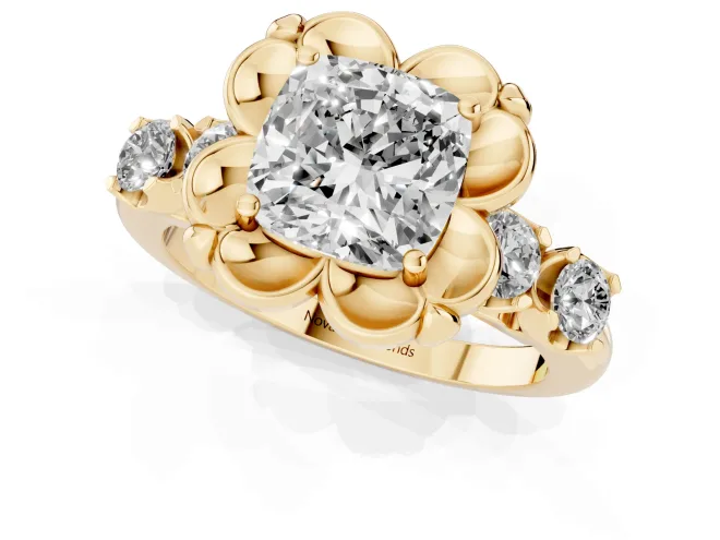 Cushion Cut Diamond Floral Halo Ring Set in Yellow gold with Shared Prong Band – second view