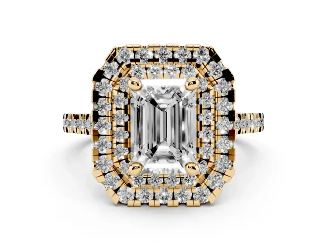 Emerald Cut Diamond Double Halo Statement Ring Set in Yellow gold with Pavé Band