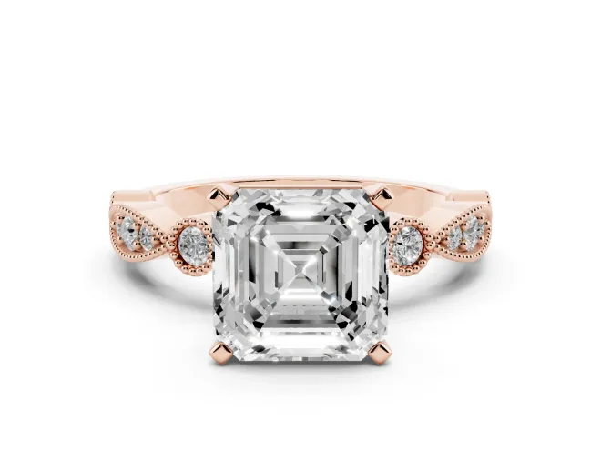Asscher Cut Vintage Milgrain Solitaire Engagement Ring Setting | Bezel Accents | Rose Gold