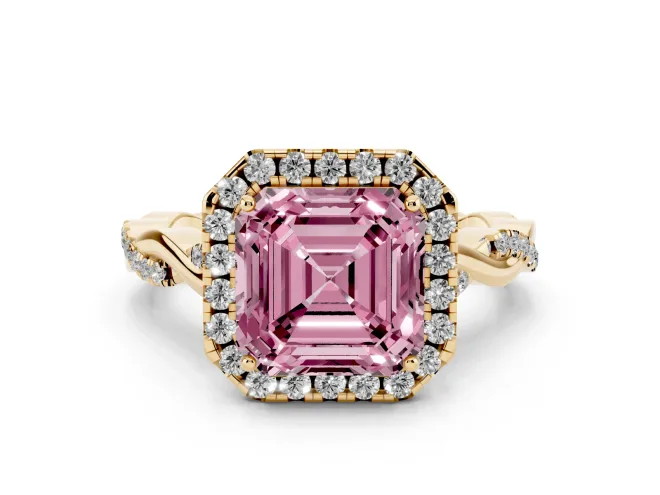 Asscher Cut Twist Halo Engagement Ring Setting for a Fancy Pink Lab-Grown Diamond | Yellow Gold