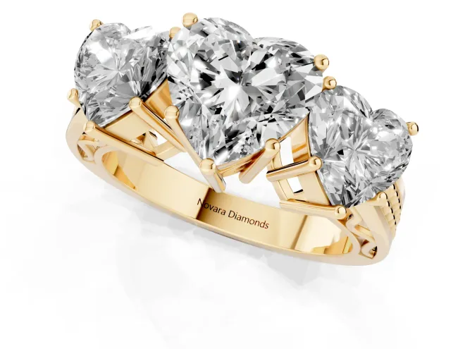 Heart Cut Diamond Three-Stone Ring Set in Yellow gold with Textured Band – second view