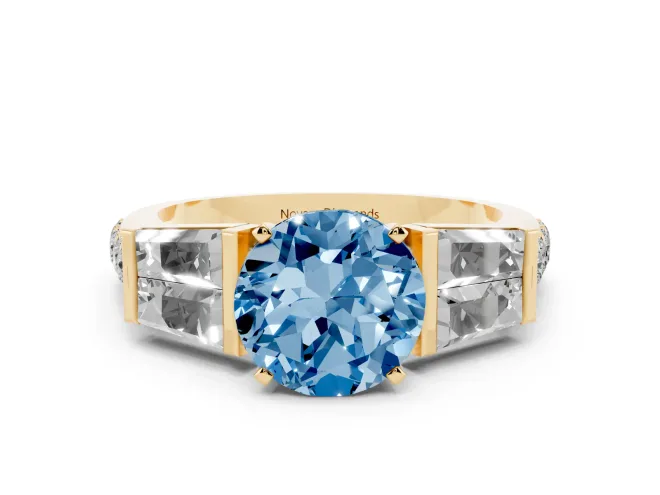 Round Channel Set Baguette Engagement Ring Setting for a Fancy Blue Lab-Grown Diamond | Yellow Gold
