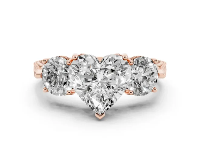 Heart-Shaped Vintage Three Stone Engagement Ring Setting | Milgrain Band | Rose Gold