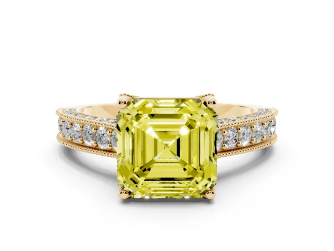 Asscher Cut Hidden Halo Engagement Ring Setting for a Fancy Yellow Lab-Grown Diamond | Milgrain Pavé | Yellow Gold
