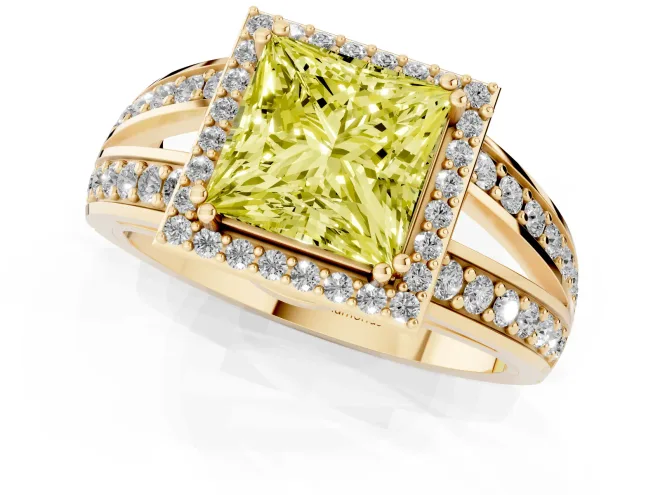 Fancy Yellow Princess Cut Diamond Halo Ring Set in Yellow gold with Double Pavé Split Shank – second view