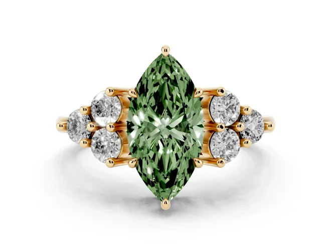 Fancy Green Marquise Cut Diamond Solitaire Ring Set in Yellow gold with Cluster Accents on Each Side