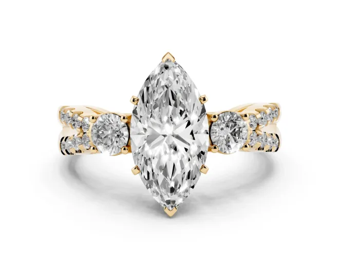 Marquise Cut Diamond Three-Stone Ring Set in Yellow gold with Pavé Split Shank and Prong Setting
