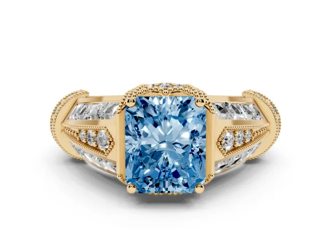 Fancy Blue Radiant Cut Diamond Vintage-Inspired Milgrain Ring Set in Yellow gold with Accent Split Shank