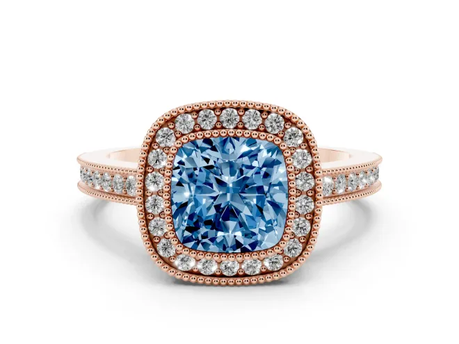 Cushion Cut Milgrain Halo Engagement Ring Setting for a Fancy Blue Lab-Grown Diamond | Rose Gold