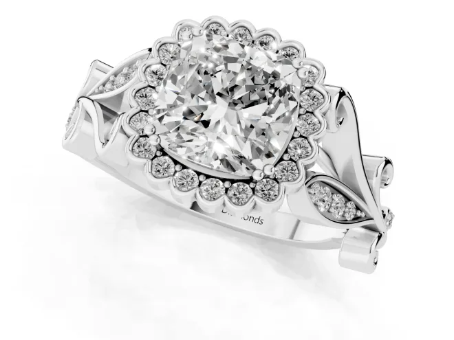 Cushion Cut Diamond Halo Ring Set in White gold with Leaf Motif Split Shank and Prong Setting – second view