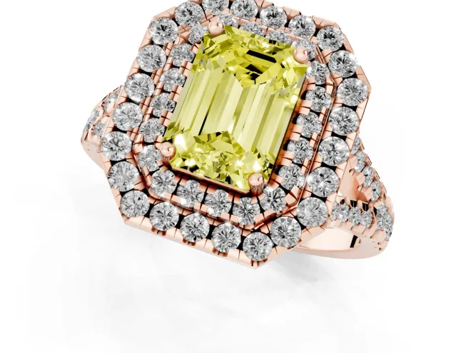 Fancy Yellow Emerald Cut Diamond Double Halo Ring Set in Rose gold with Pavé Split Shank and Prong Setting – second view