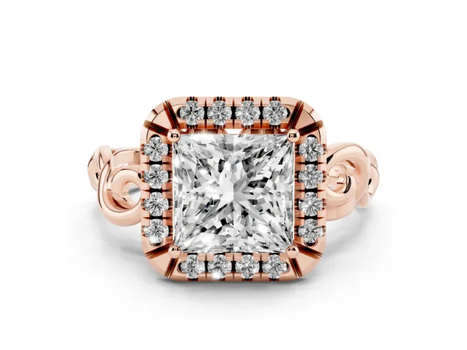 Princess Cut Vintage Filigree Halo Engagement Ring Setting | Scroll Shoulders | Rose Gold
