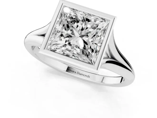 Bezel Set Princess Cut Diamond Solitaire Ring Set in White gold with Tapered Band – second view