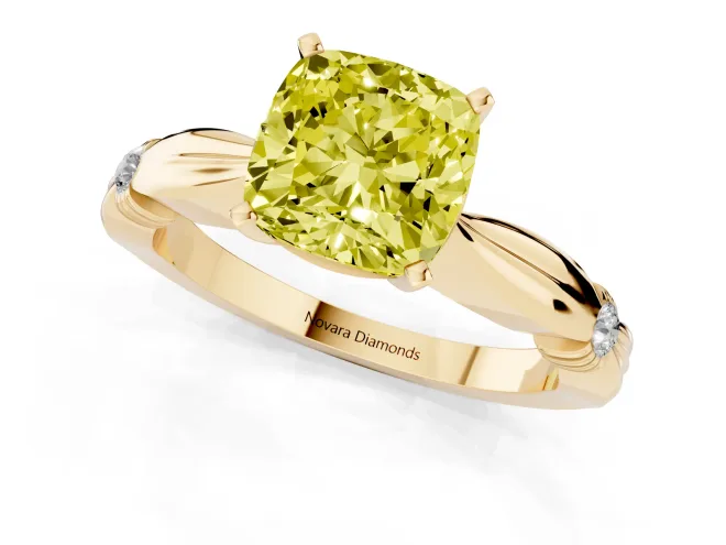 Fancy Yellow Cushion Cut Diamond Solitaire Twisted Band Ring Set in Yellow gold with Accent Stones and Prong Setting – second view