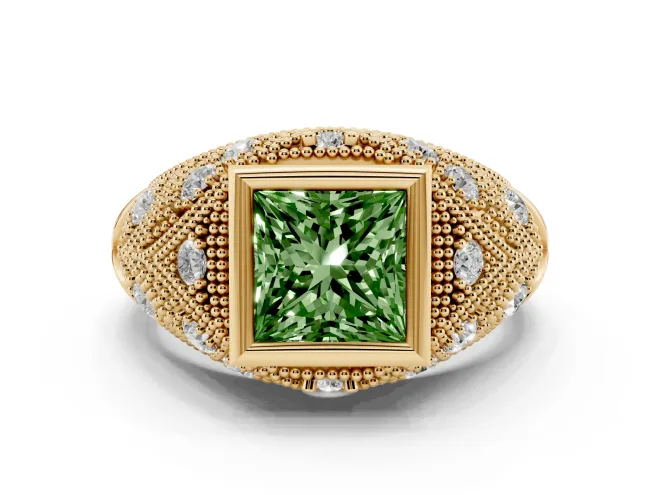 Princess Cut Vintage Bezel Engagement Ring Setting for a Fancy Green Lab-Grown Diamond | Yellow Gold