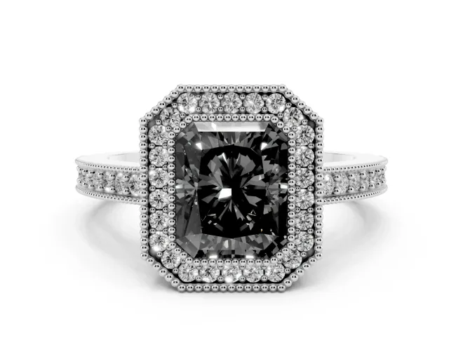 Fancy Black Radiant Cut Diamond Halo Engagement Ring Set in Silver with Pavé Band and Round Halo Stones
