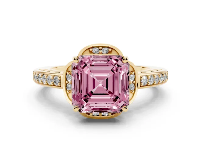 Asscher Cut Floral Pavé Engagement Ring Setting for a Fancy Pink Lab-Grown Diamond | Yellow Gold