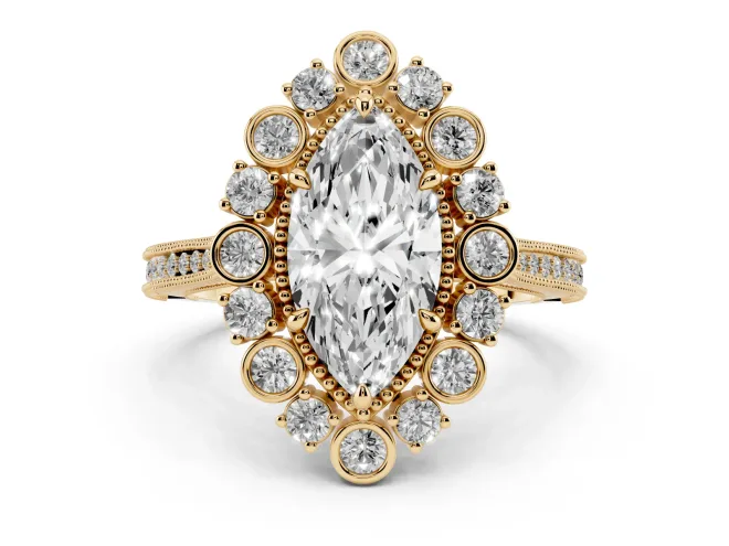 Marquise Cut Diamond Halo Milgrain Pavé Ring Set in Yellow gold with Prong Setting