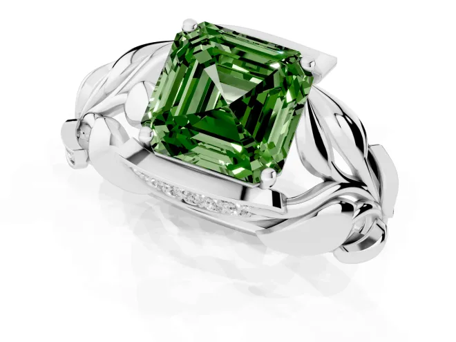 Fancy Green Asscher Cut Diamond Leaf-Inspired Engagement Ring Set in White gold with Round Accents – second view